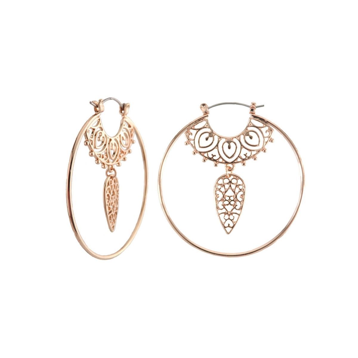 Rose Gold Filigree Dangle Hoops|1.9 inches - Premium Wholesale Jewelry from Pinktown - Just $7! Shop now at chiquestyles