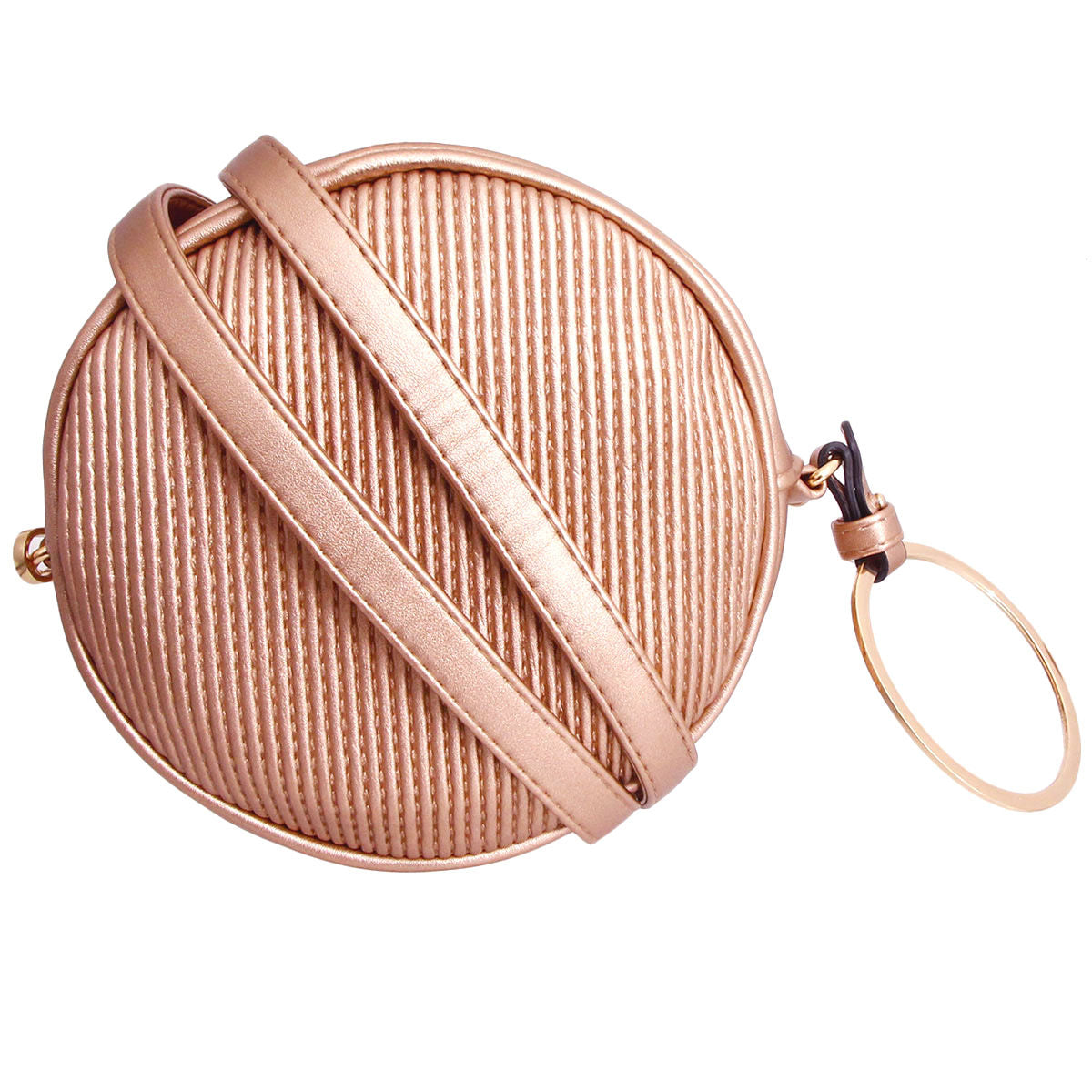 Rose Gold Ribbed Circle Crossbody Wristlet|6.75 x 2 inches - Premium Wholesale Fashion Accessories from Pinktown - Just $26! Shop now at chiquestyles