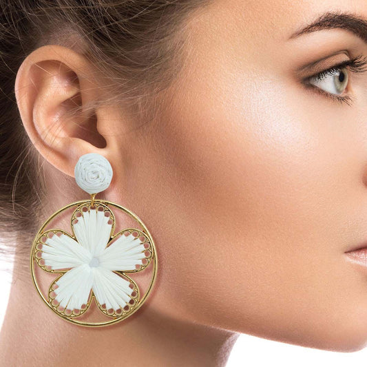 White Raffia Flower Round Earrings|2.5 inches - Premium Wholesale Jewelry from Pinktown - Just $12! Shop now at chiquestyles