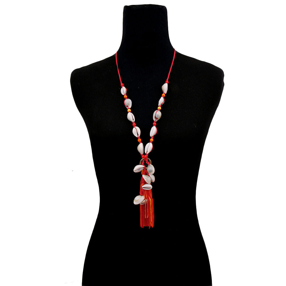 Red String and Cowrie Shell Long Tassel Necklace|30 inches - Premium Wholesale Jewelry from Pinktown - Just $16! Shop now at chiquestyles