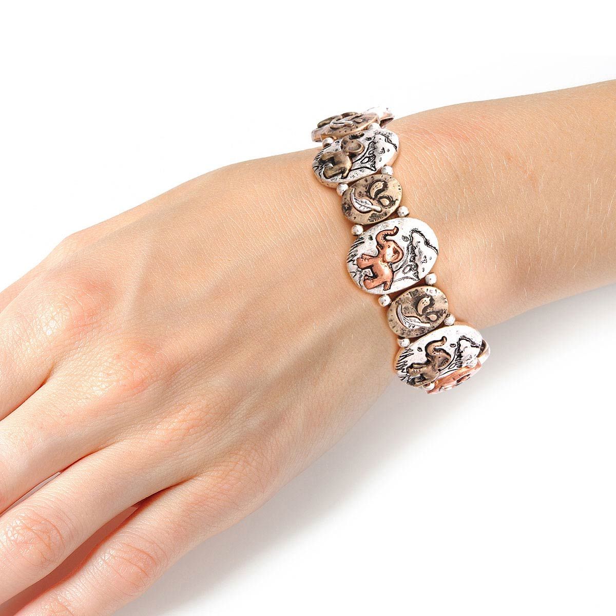 Mixed Metal Elephant Engraved Bracelet|Stretch to Fit - Premium Wholesale Jewelry from Pinktown - Just $14! Shop now at chiquestyles
