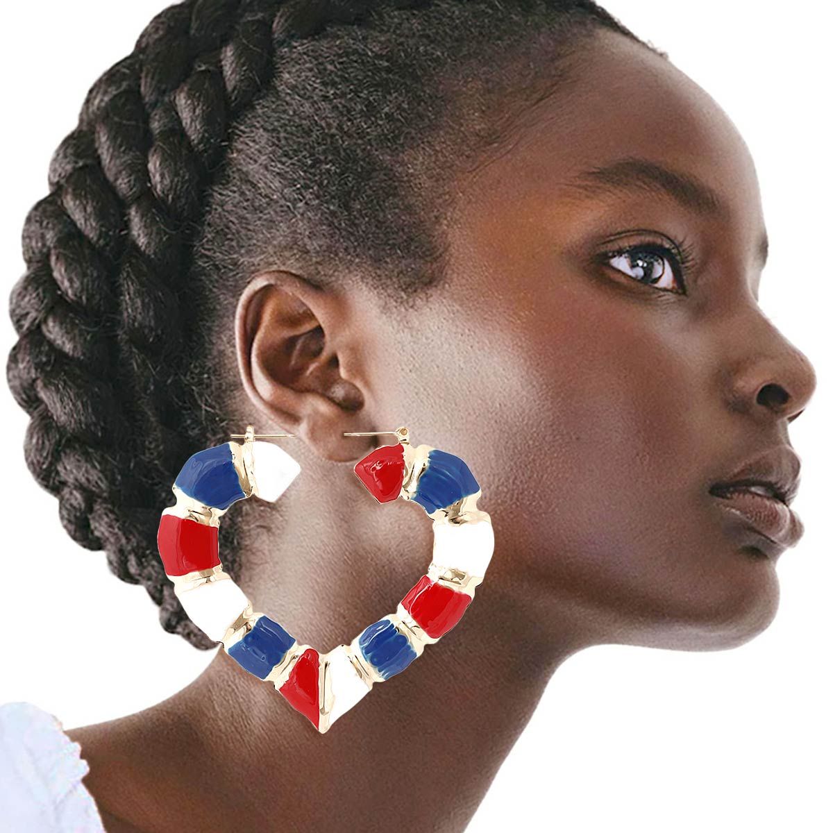 Red White Blue Heart Bamboo Hoops|3 inches - Premium Wholesale Jewelry from Pinktown - Just $13! Shop now at chiquestyles