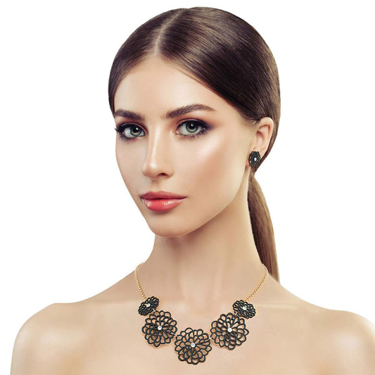 Black Matte Metal Cut Out Flower Necklace|17 inches - Premium Wholesale Jewelry from Pinktown - Just $13! Shop now at chiquestyles