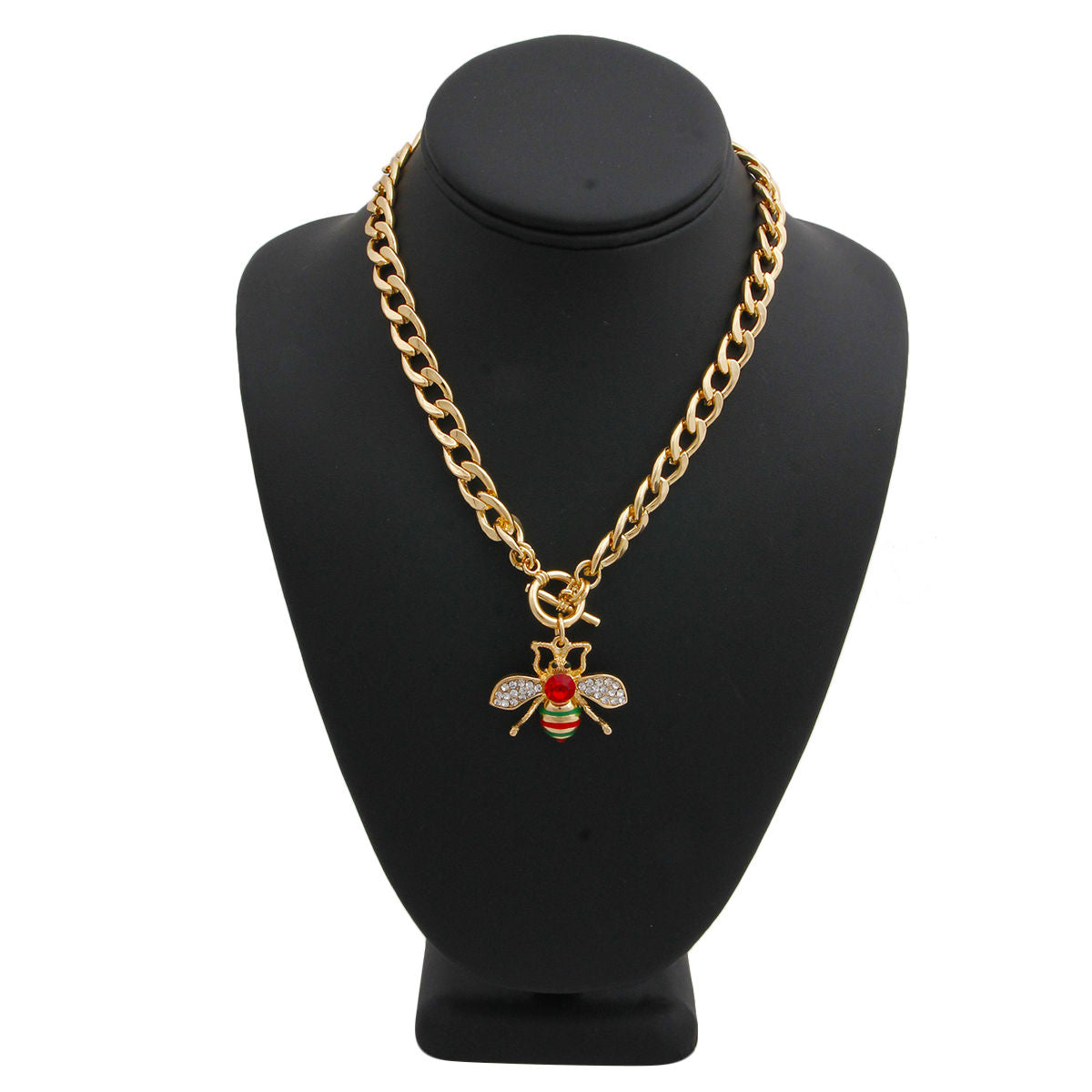 Designer Style Rhinestone Bee Toggle Necklace with Red Rhinestone Detail|16 inches - Premium Wholesale Jewelry from Pinktown - Just $11! Shop now at chiquestyles