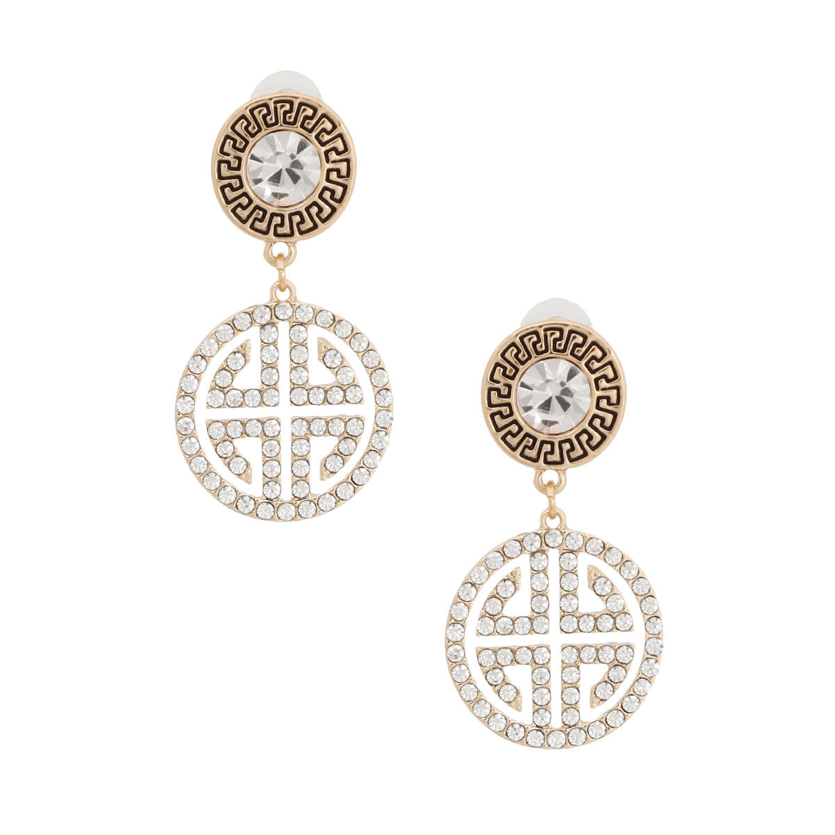 Gold Round Crystal Greek Key Earrings|2.25 inches - Premium Wholesale Jewelry from Pinktown - Just $14! Shop now at chiquestyles