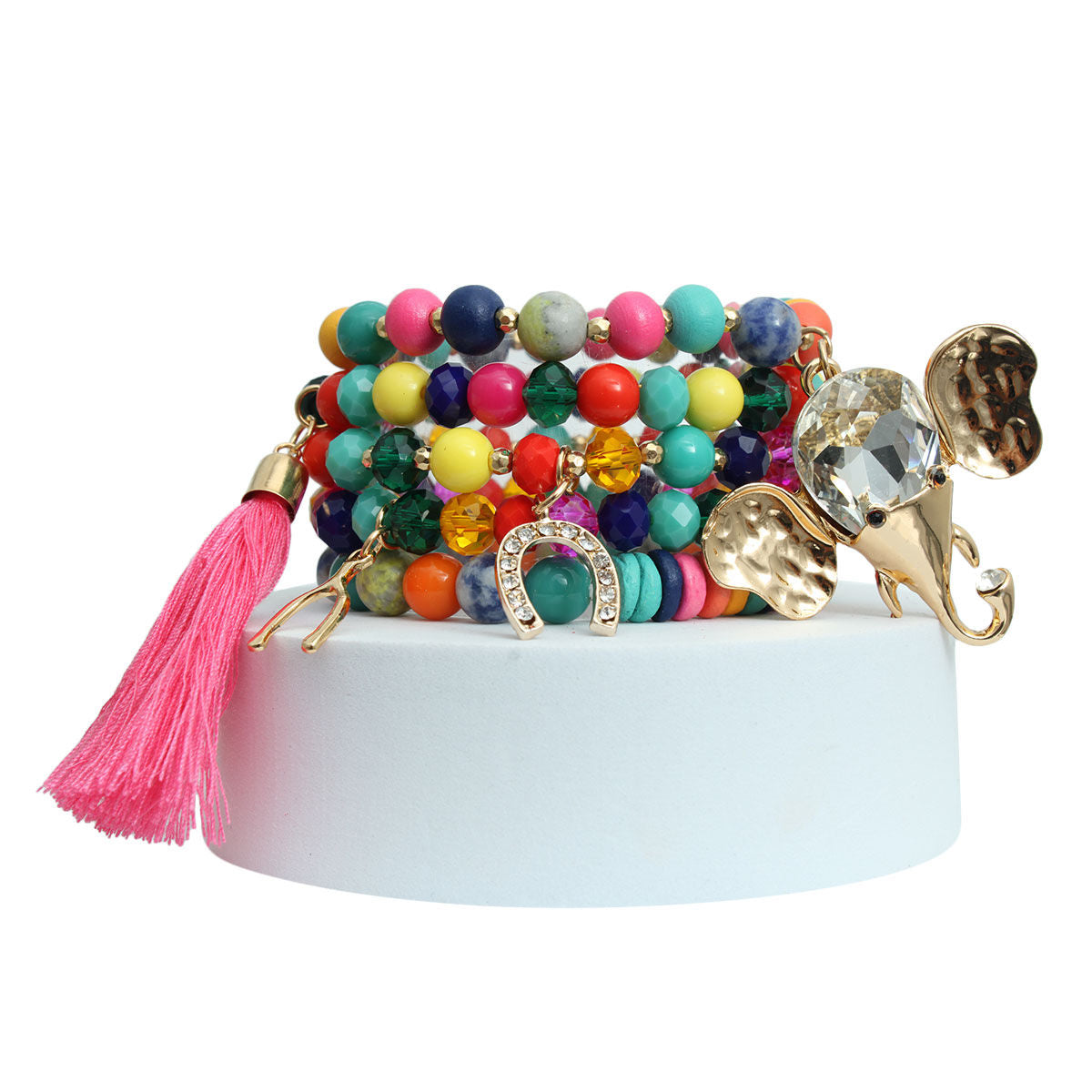 Rainbow Bead Elephant Charm Bracelets|Stretch to Fit - Premium Wholesale Jewelry from Pinktown - Just $14! Shop now at chiquestyles