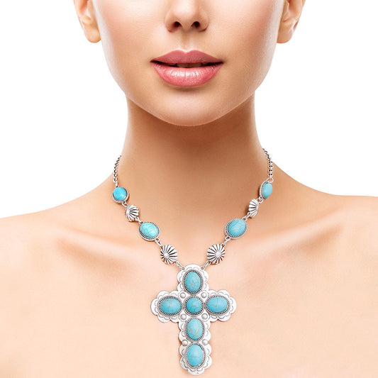 Turquoise Stone Silver Cross Necklace|18 inches - Premium Wholesale Jewelry from Pinktown - Just $19! Shop now at chiquestyles