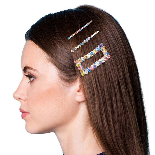 3 Pcs Multi Rhinestone Silver Rectangle Hair Pin Set|2 inches - Premium Wholesale Fashion Accessories from Pinktown - Just $10! Shop now at chiquestyles