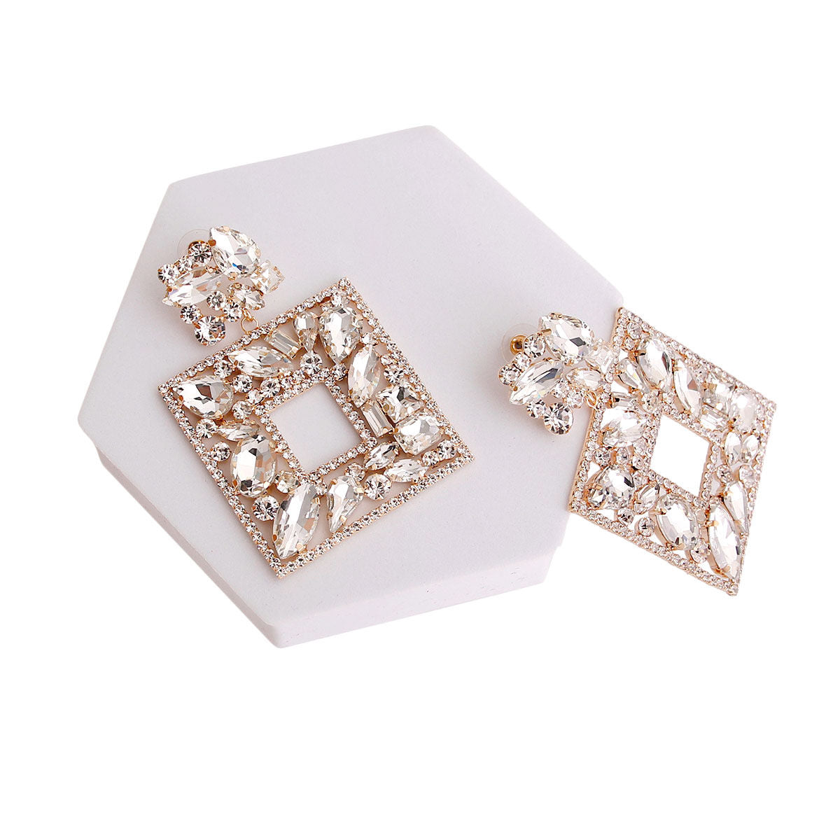 Elegant Gold Crystal Square Earrings|3 inches - Premium Wholesale Jewelry from Pinktown - Just $24! Shop now at chiquestyles