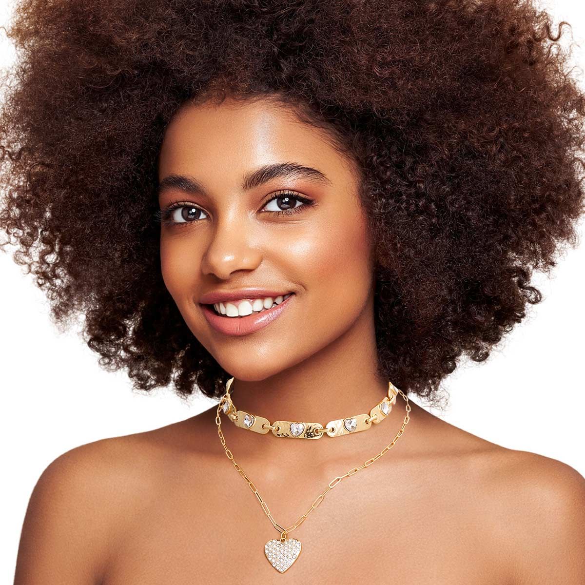 2 Pcs Gold Link Heart Choker Necklaces|16 inches - Premium Wholesale Jewelry from Pinktown - Just $17! Shop now at chiquestyles