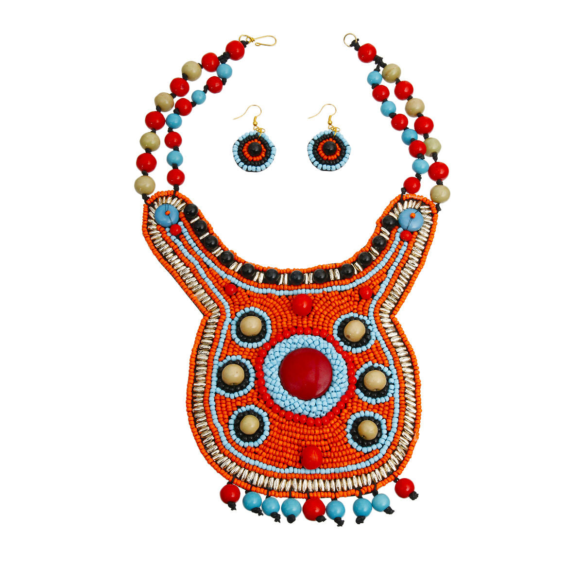 Orange Bead Bib Necklace Set with Blue Red and Green Bead Collar and Detail|16 inches - Premium Wholesale Jewelry from Pinktown - Just $52! Shop now at chiquestyles