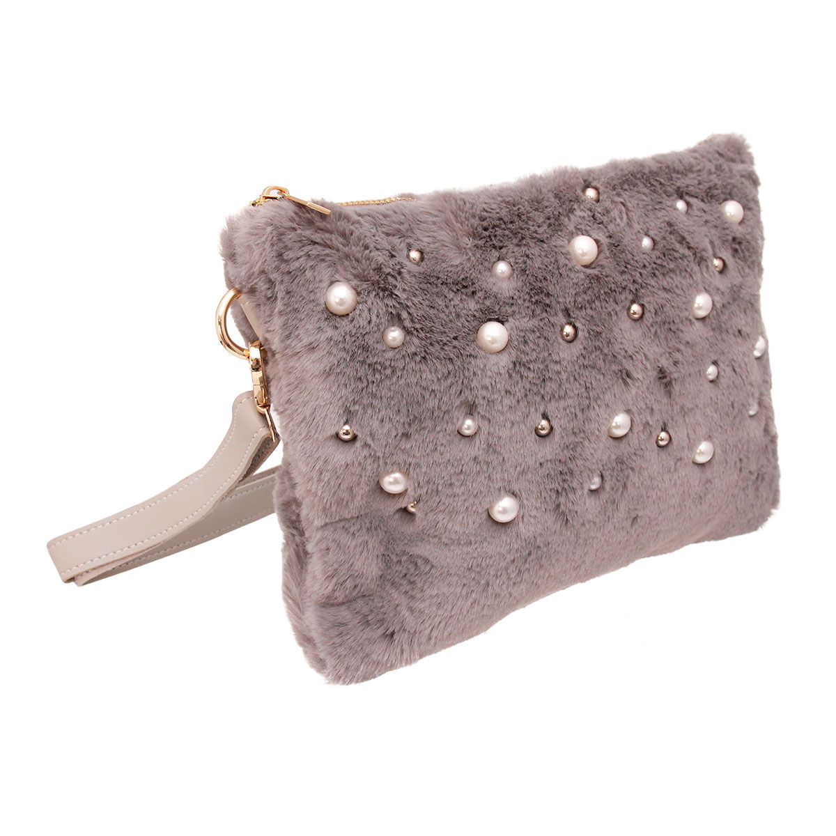 Gray Fur Pearl Stud Clutch|11.5 x 8.5 x 1 inches - Premium Wholesale Fashion Accessories from Pinktown - Just $27! Shop now at chiquestyles