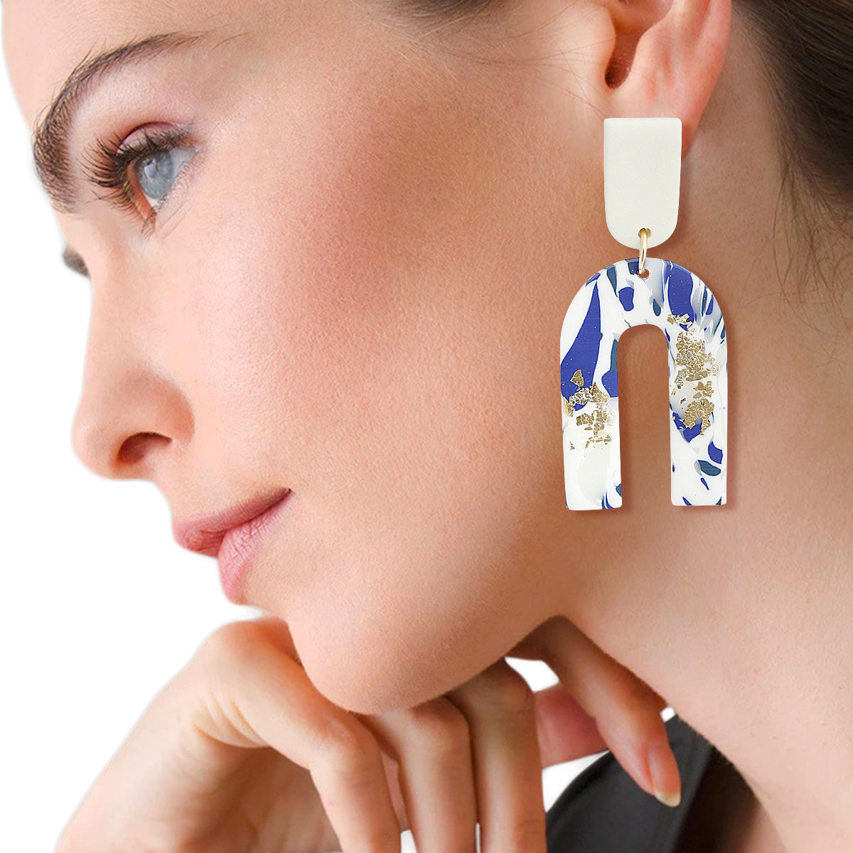 Blue and White Marbled Clay U Drop Earrings|2.15 inches - Premium Wholesale Jewelry from Pinktown - Just $13! Shop now at chiquestyles