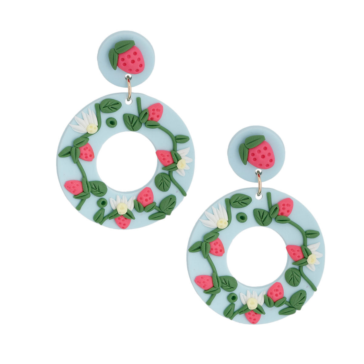 Light Blue Clay Strawberry Donut Earrings|2.25 inches - Premium Wholesale Jewelry from Pinktown - Just $13! Shop now at chiquestyles