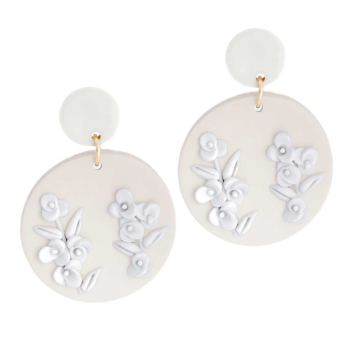 White Tan Clay Round Flower Bridal Earrings|2 inches - Premium Wholesale Jewelry from Pinktown - Just $13! Shop now at chiquestyles