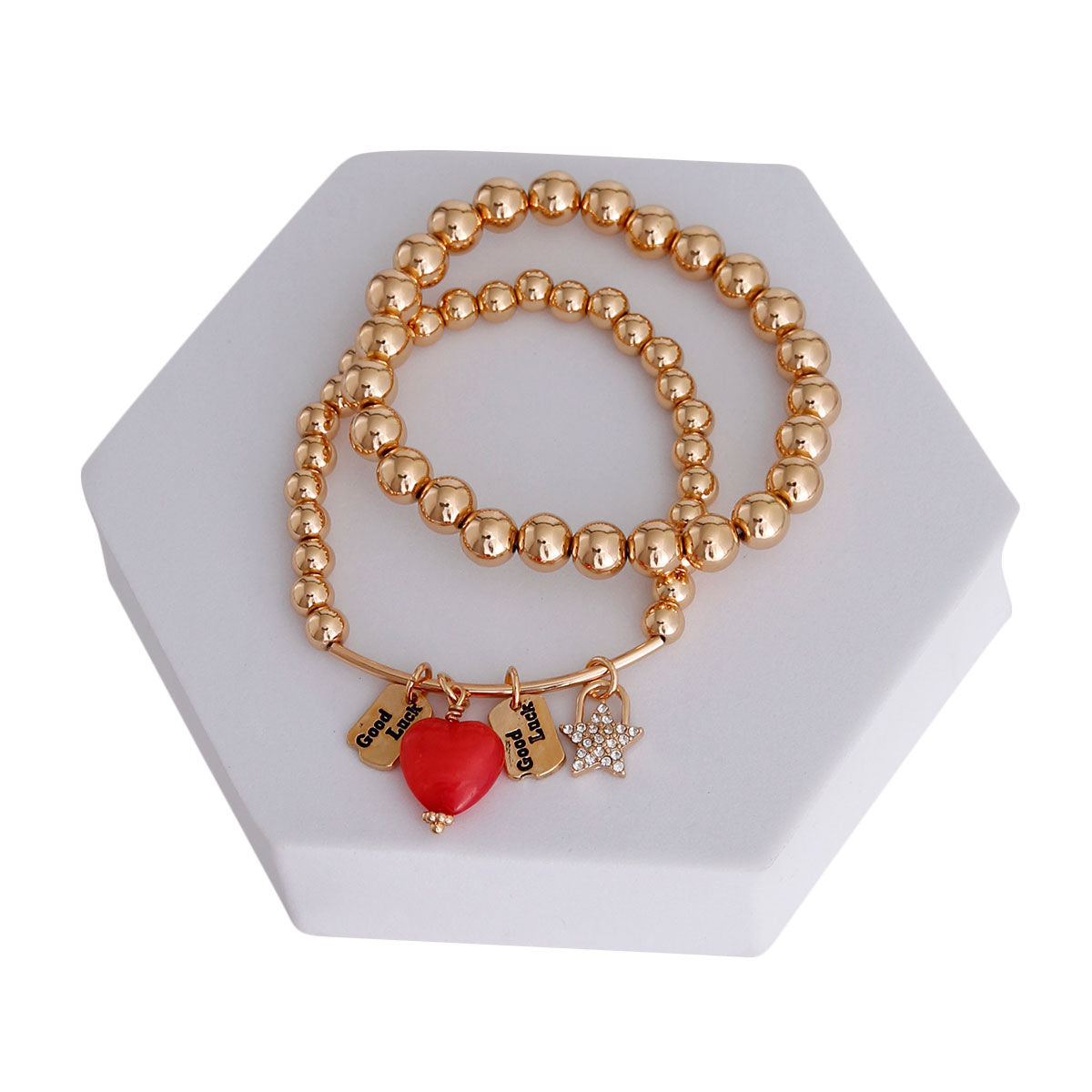 Gold Bead 2 Pcs Heart Charm Bracelets|Stretch to Fit - Premium Wholesale Jewelry from Pinktown - Just $11! Shop now at chiquestyles