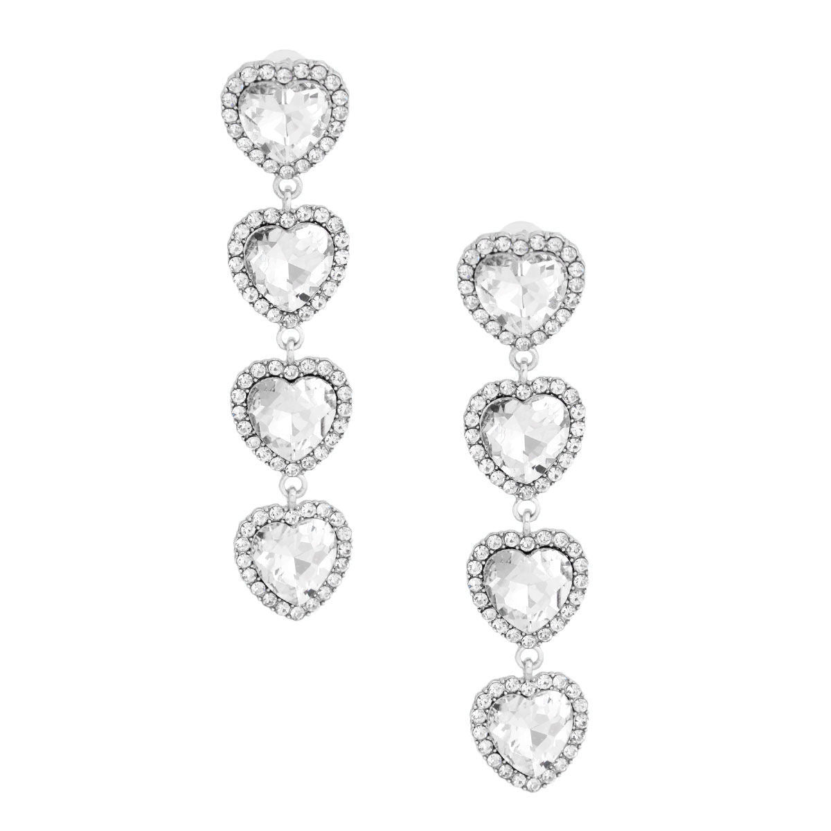 Silver Crystal Quad Heart Earrings|4.25 inches - Premium Wholesale Jewelry from Pinktown - Just $16! Shop now at chiquestyles