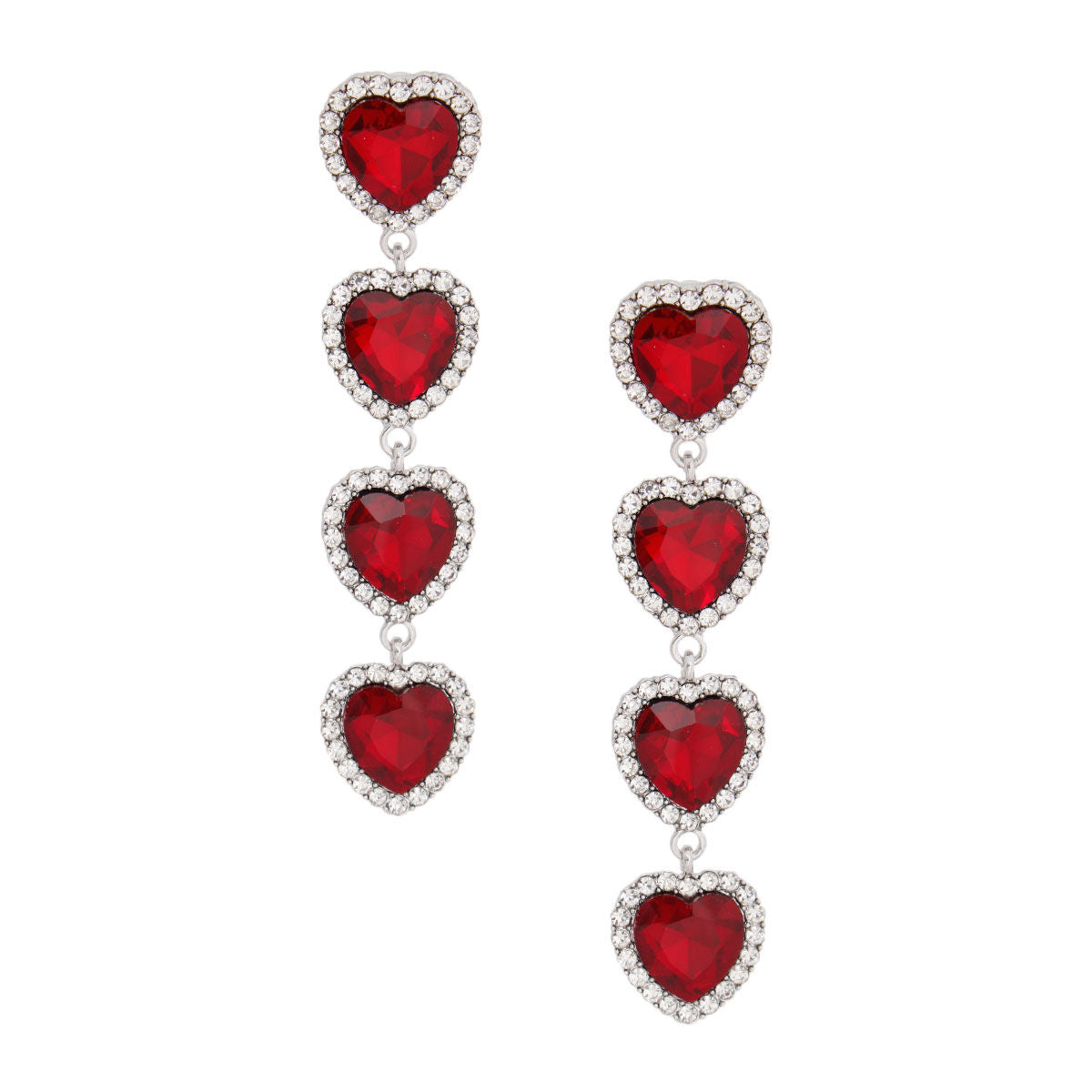 Red Crystal Quad Heart Earrings|4.25 inches - Premium Wholesale Jewelry from Pinktown - Just $16! Shop now at chiquestyles