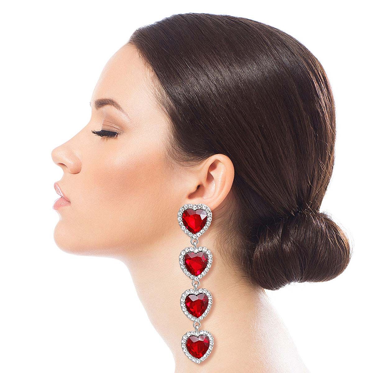 Red Crystal Quad Heart Earrings|4.25 inches - Premium Wholesale Jewelry from Pinktown - Just $16! Shop now at chiquestyles