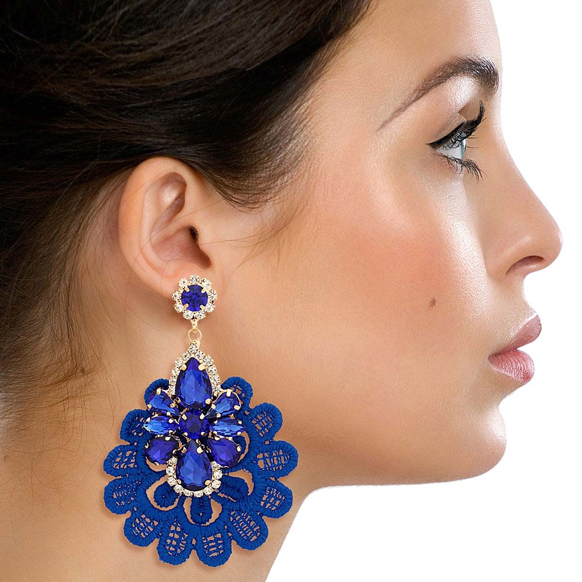 Royal Blue Fabric Lace Crystal Earrings|3.25 inches - Premium Wholesale Jewelry from Pinktown - Just $14! Shop now at chiquestyles