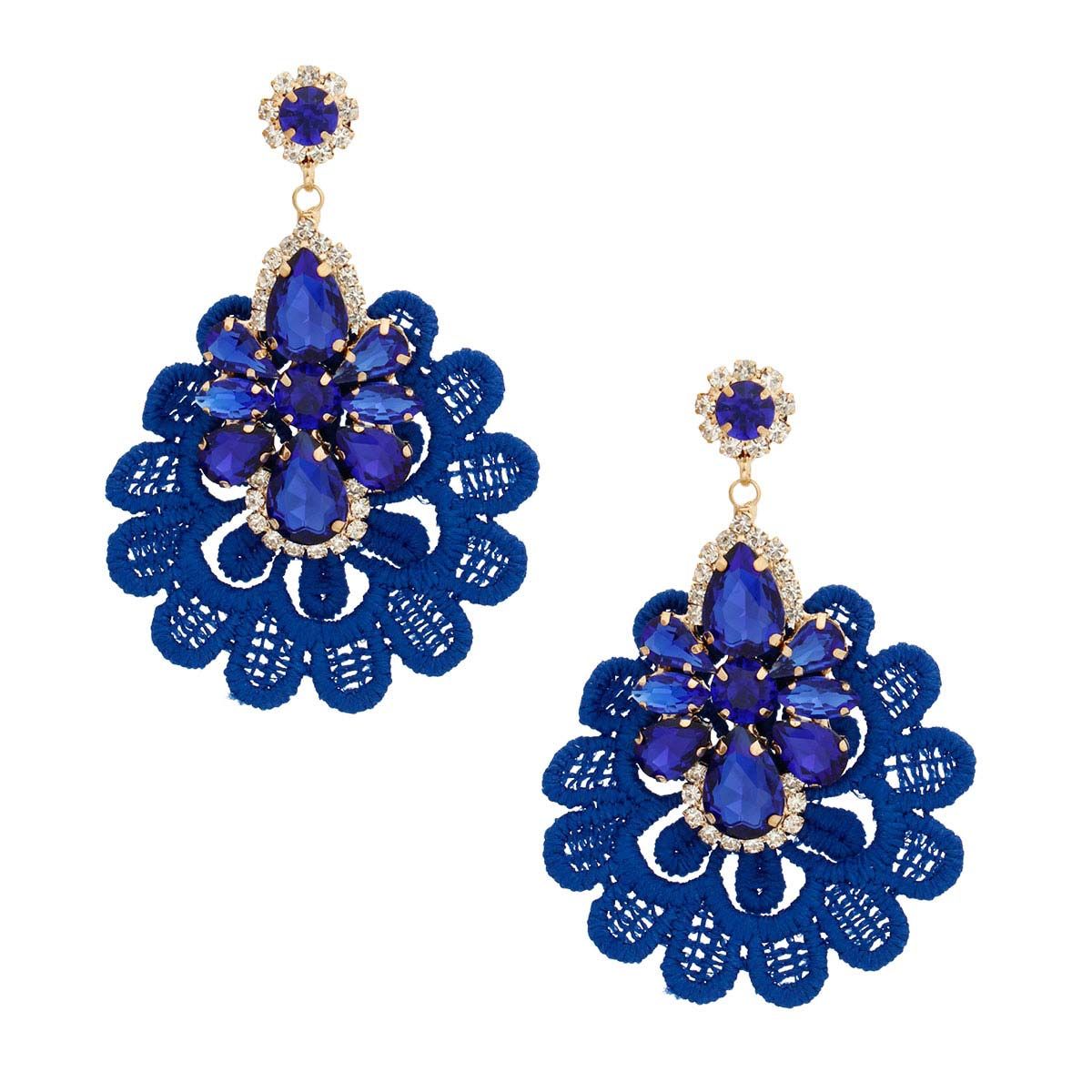 Royal Blue Fabric Lace Crystal Earrings|3.25 inches - Premium Wholesale Jewelry from Pinktown - Just $14! Shop now at chiquestyles