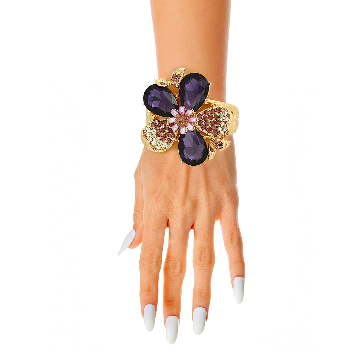 Purple Crystal Floral Leaf Cuff|8 inches - Premium Wholesale Jewelry from Pinktown - Just $23! Shop now at chiquestyles