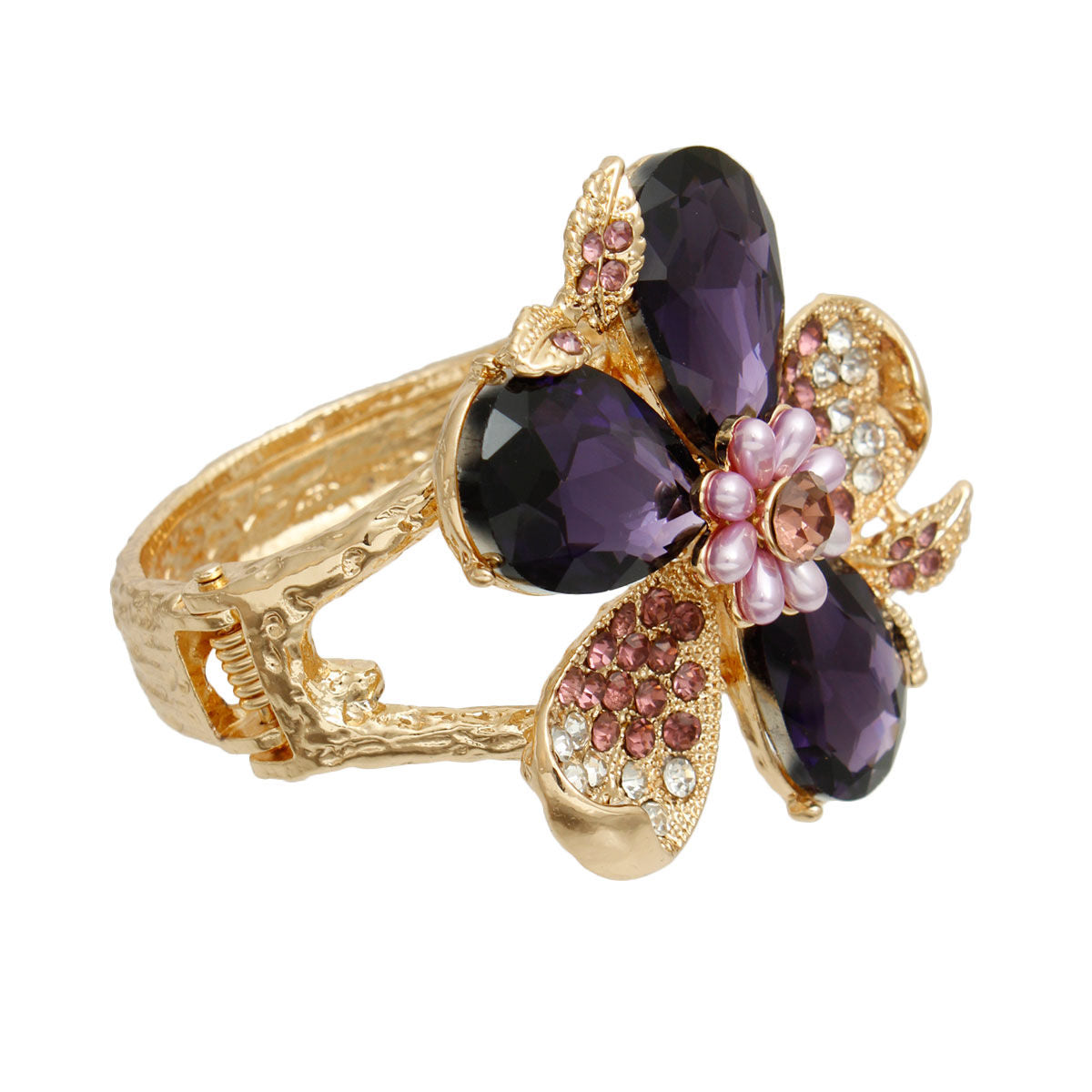 Purple Crystal Floral Leaf Cuff|8 inches - Premium Wholesale Jewelry from Pinktown - Just $23! Shop now at chiquestyles