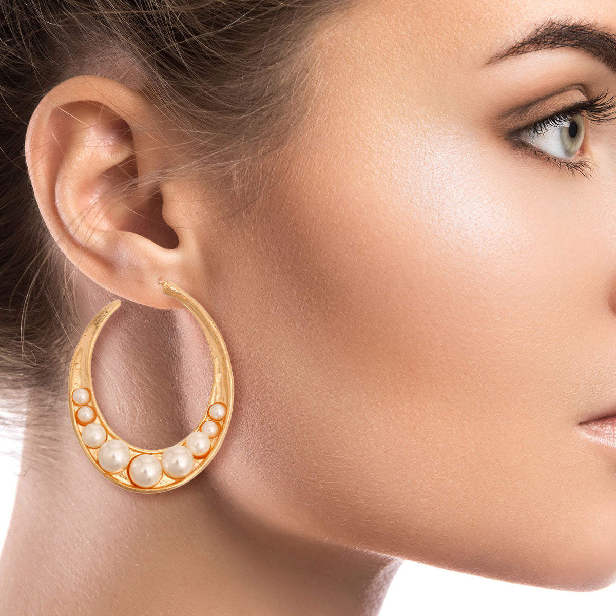 Gold and Pearl Oval Hoops|2 inches - Premium Wholesale Jewelry from Pinktown - Just $9! Shop now at chiquestyles