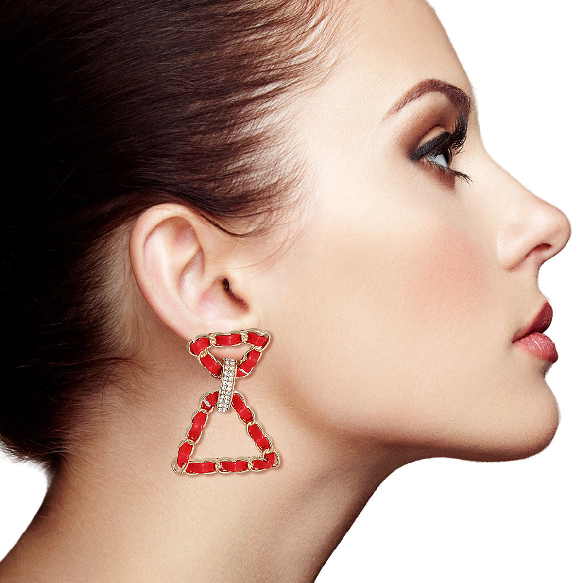 Red Woven Gold Triangle Earrings|2 inches - Premium Wholesale Jewelry from Pinktown - Just $10! Shop now at chiquestyles