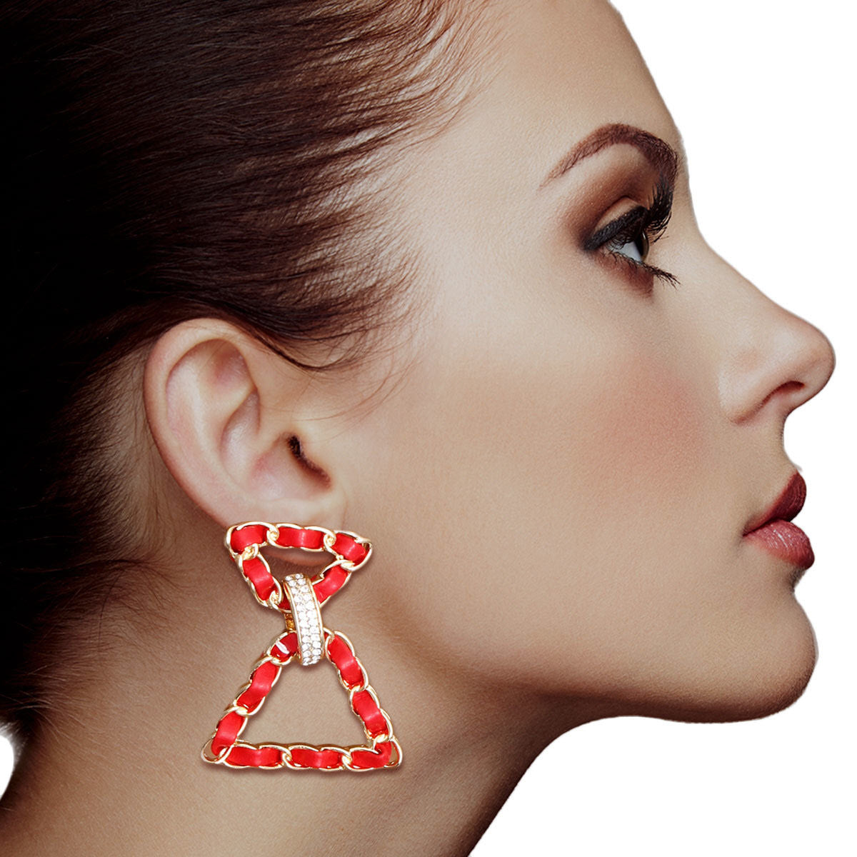 Red Woven Gold Triangle Earrings|2 inches - Premium Wholesale Jewelry from Pinktown - Just $10! Shop now at chiquestyles