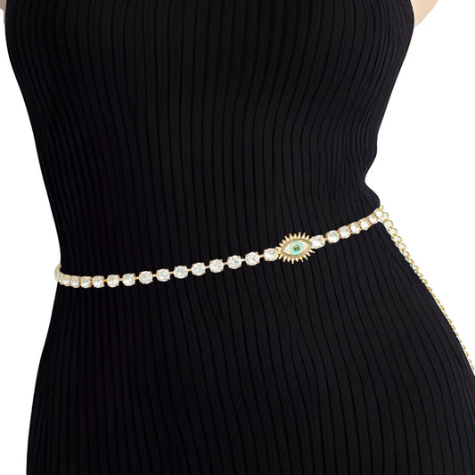 Rhinestone Belt Gold Evil Eye Chain Belt for Women|28 + 18 inches - Premium Wholesale Fashion Accessories from Pinktown - Just $20! Shop now at chiquestyles