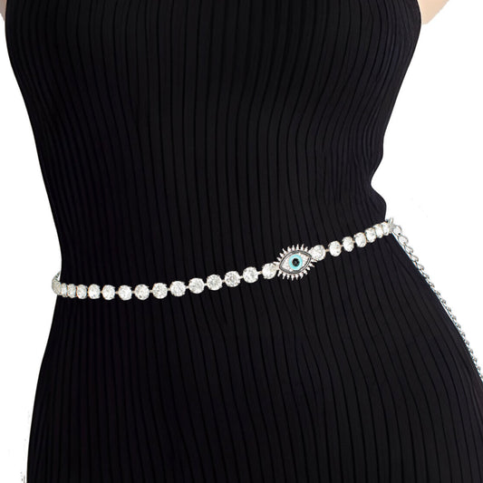 Rhinestone Belt Silver Evil Eye Chain for Women|28 + 18 inches - Premium Wholesale Fashion Accessories from Pinktown - Just $20! Shop now at chiquestyles