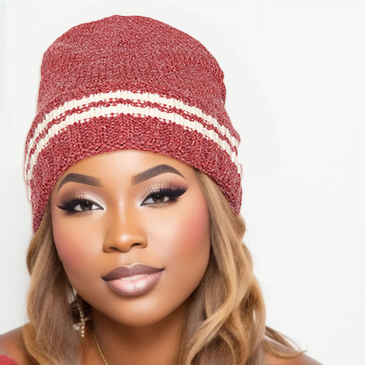 Red Stripe Knit Cuff Beanie|Stretch to Fit - Premium Wholesale Fashion Accessories from Pinktown - Just $15! Shop now at chiquestyles