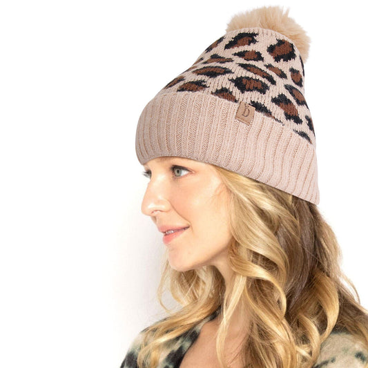 Camel Leopard Pom Beanie|Stretch to Fit - Premium Wholesale Fashion Accessories from Pinktown - Just $16! Shop now at chiquestyles