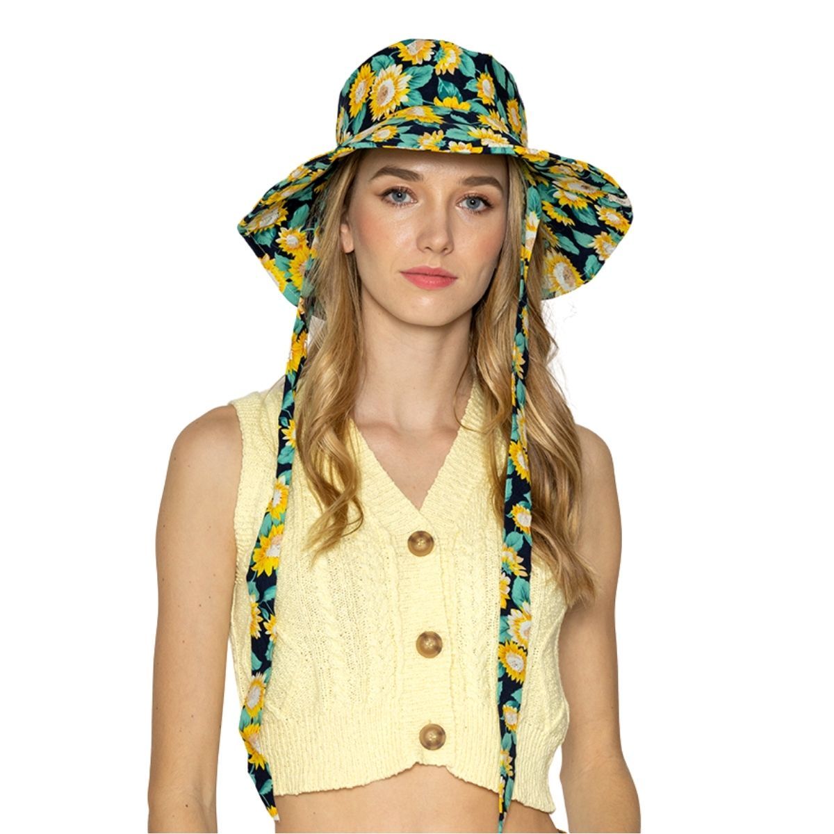 Navy Sunflower Chin Tie Bucket Hat|One Size - Premium Wholesale Fashion Accessories from Pinktown - Just $23! Shop now at chiquestyles