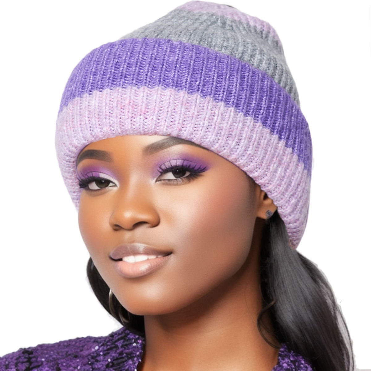 Beanie Purple Pink Striped Hat for Women|One Size - Premium Wholesale Fashion Accessories from Pinktown - Just $15! Shop now at chiquestyles