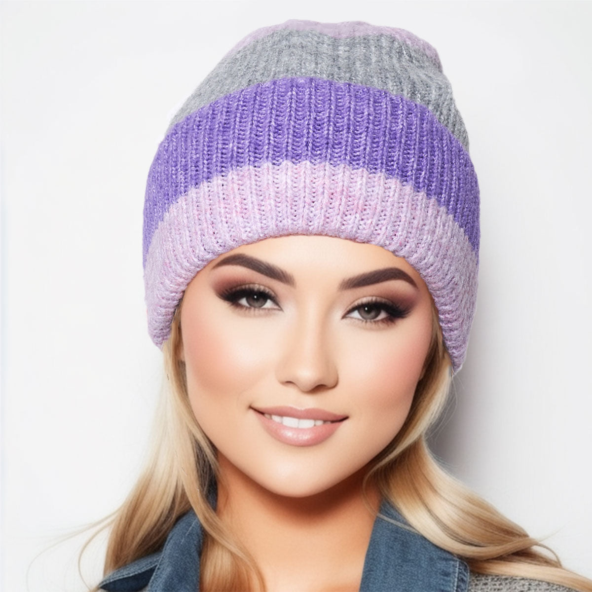 Beanie Purple Pink Striped Hat for Women|One Size - Premium Wholesale Fashion Accessories from Pinktown - Just $15! Shop now at chiquestyles