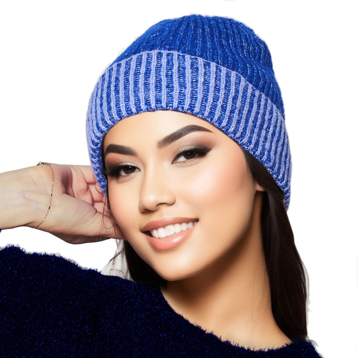 Beanie Blue Two Tone Cuffed Hat for Women|One Size - Premium Wholesale Fashion Accessories from Pinktown - Just $15! Shop now at chiquestyles