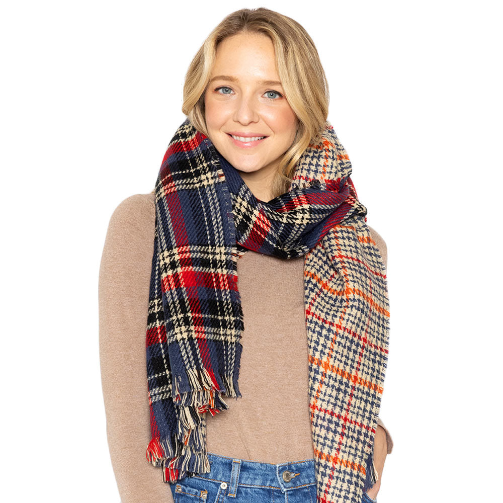 Navy Plaid Houndstooth Reversible Scarf|73.2 x 22.8 inches - Premium Wholesale Boutique Clothing from Pinktown - Just $25! Shop now at chiquestyles