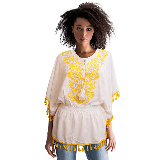 Yellow Embroidered Tribal Poncho|47.2 x 31.4 inches - Premium Wholesale Boutique Clothing from Pinktown - Just $25! Shop now at chiquestyles