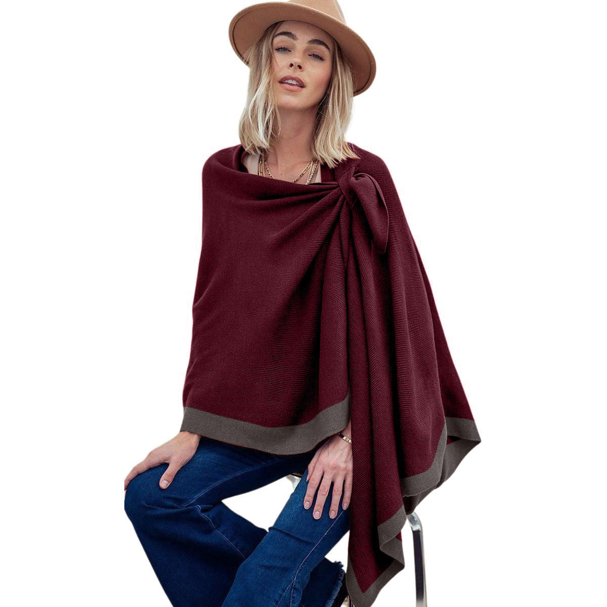 Burgundy Bordered Shoulder Strap Ruana|26.6 x 44.5 inches - Premium Wholesale Boutique Clothing from Pinktown - Just $57! Shop now at chiquestyles