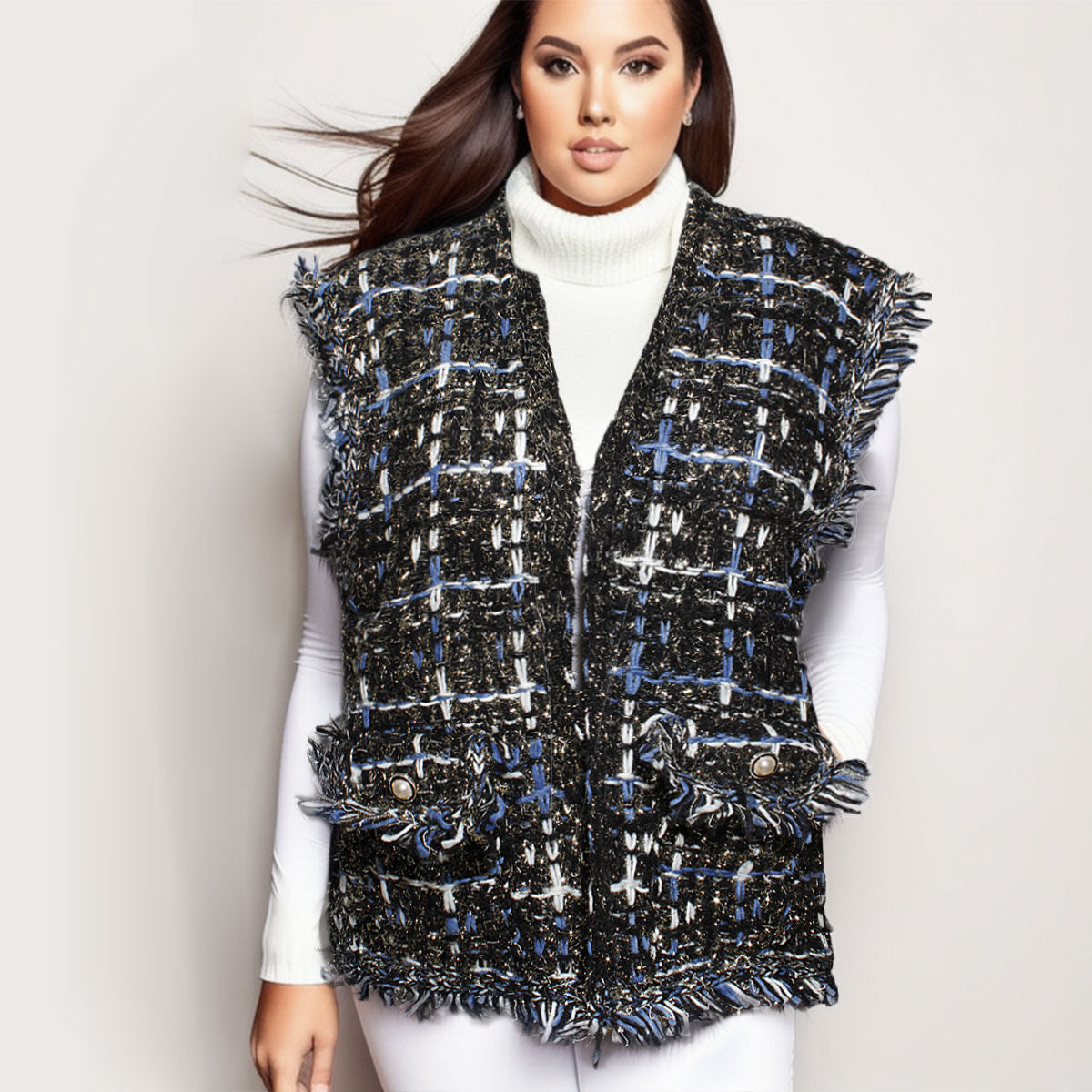 Vest Plaid Tweed Black Vest for Women|22.4 x 21.6 inches - Premium Wholesale Fashion Accessories from Pinktown - Just $92! Shop now at chiquestyles