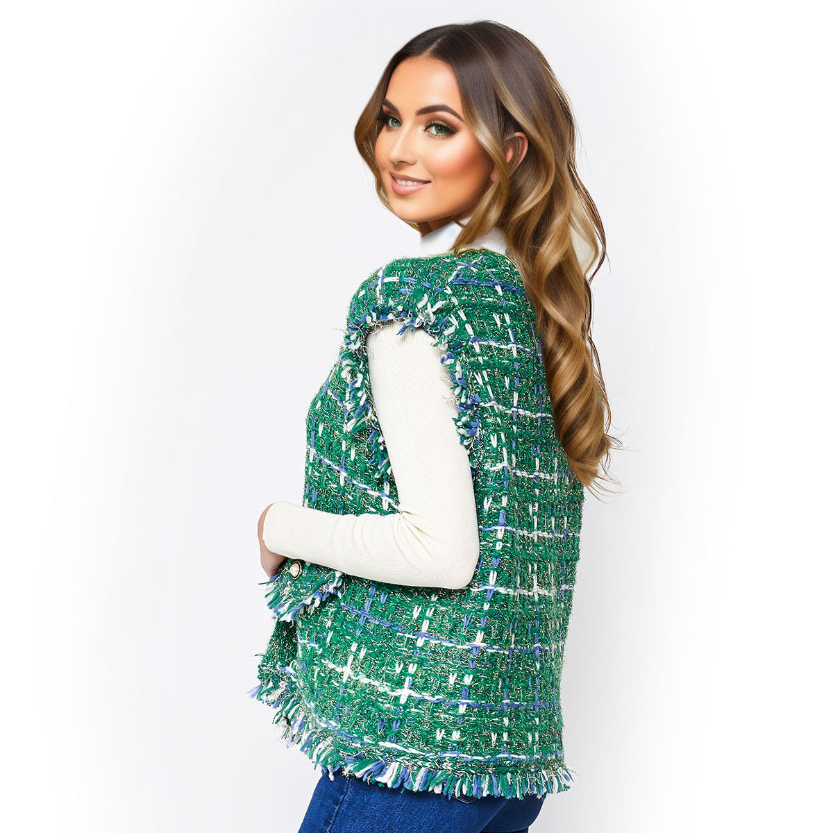 Vest Plaid Tweed Green Vest for Women|22.4 x 21.6 inches - Premium Wholesale Fashion Accessories from Pinktown - Just $92! Shop now at chiquestyles