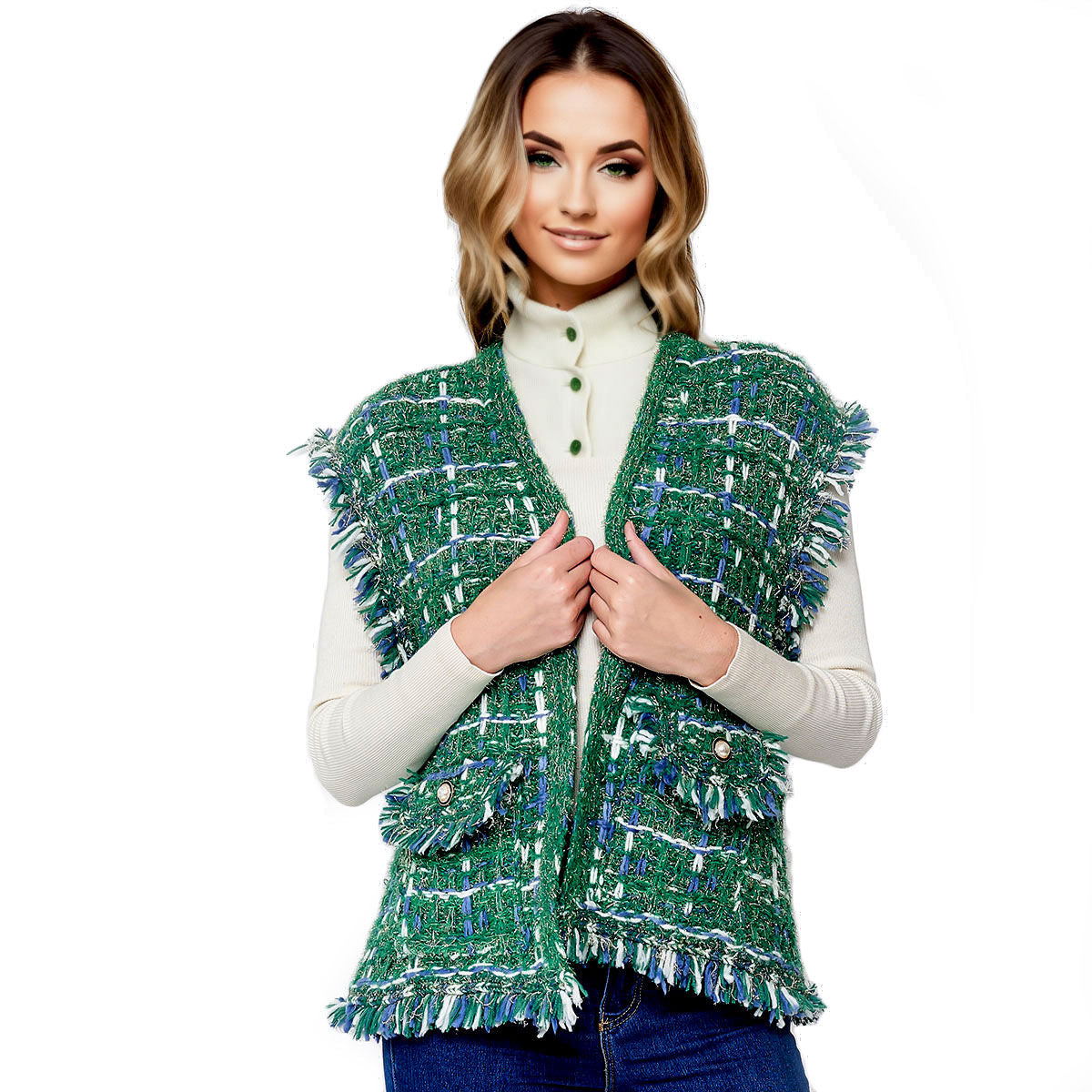 Vest Plaid Tweed Green Vest for Women|22.4 x 21.6 inches - Premium Wholesale Fashion Accessories from Pinktown - Just $92! Shop now at chiquestyles