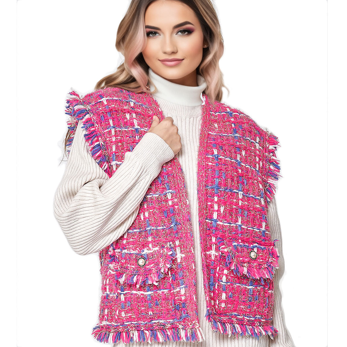 Vest Plaid Tweed Pink Vest for Women|22.4 x 21.6 inches - Premium Wholesale Fashion Accessories from Pinktown - Just $92! Shop now at chiquestyles