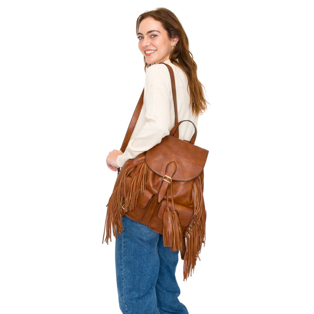 Backpack Brown Leather Fringe Bag for Women - Premium Wholesale Fashion Accessories from Pinktown - Just $58! Shop now at chiquestyles