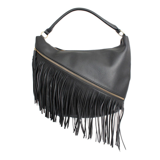 Purse Black Diagonal Fringe Hobo Bag for Women - Premium Wholesale Fashion Accessories from Pinktown - Just $56! Shop now at chiquestyles