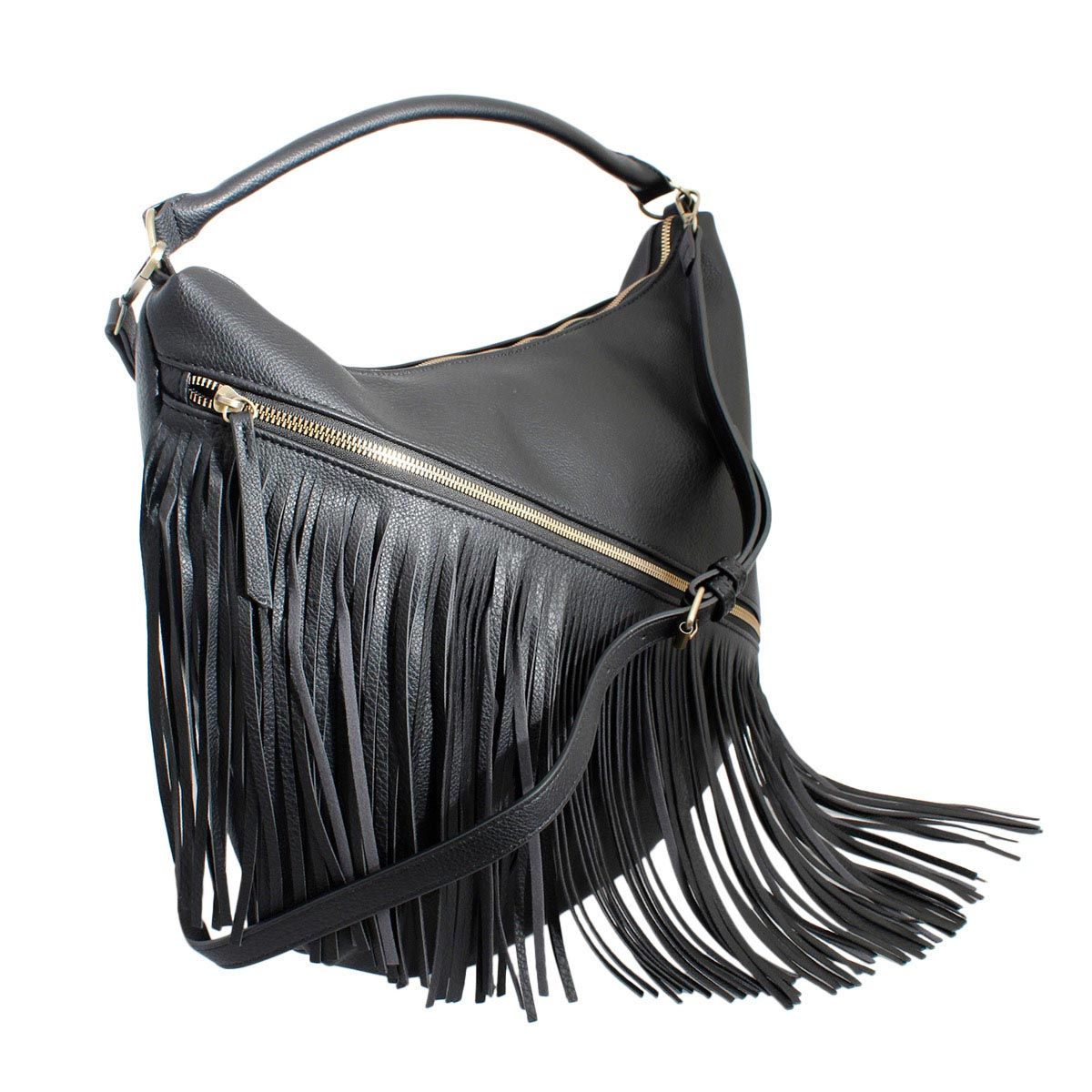 Purse Black Diagonal Fringe Hobo Bag for Women - Premium Wholesale Fashion Accessories from Pinktown - Just $56! Shop now at chiquestyles