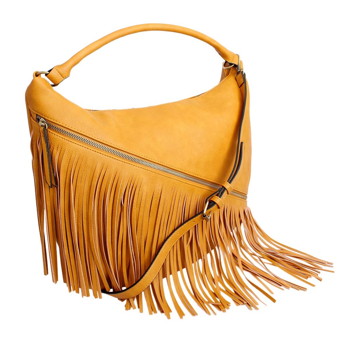 Purse Mustard Diagonal Fringe Hobo Bag for Women - Premium Wholesale Fashion Accessories from Pinktown - Just $56! Shop now at chiquestyles