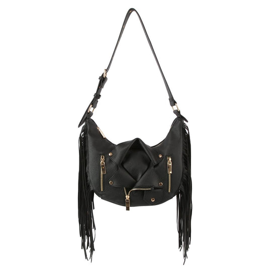 Black Moto Fringe Shoulder Bag|11.4 x 11.8 x 3.5 inches - Premium Wholesale Fashion Accessories from Pinktown - Just $64! Shop now at chiquestyles